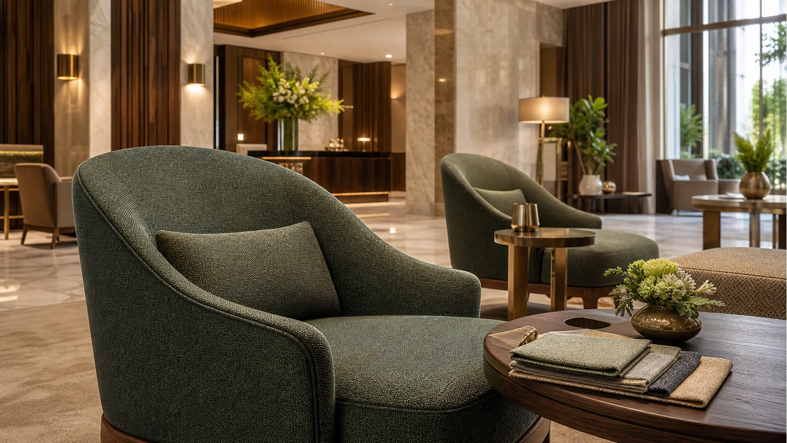 Professionelles redaktionelles Titelbild zum Beitrag: Hotel-Loungesessel: Anforderungen an Sitzkomfort, Brandschutz und Materialresistenz
